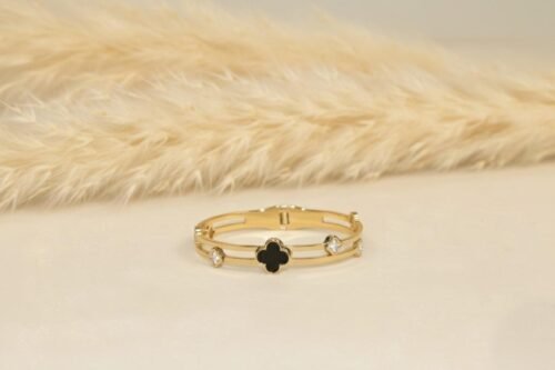 Black & White Golden Clover Bangle Bracelet