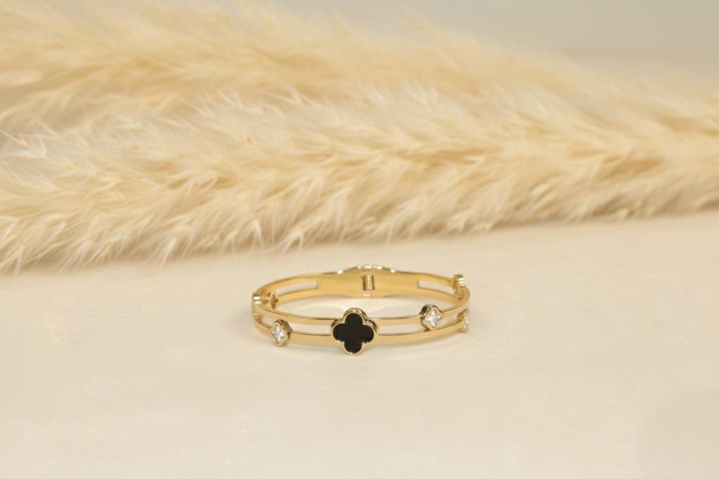 Black & White Golden Clover Bangle Bracelet